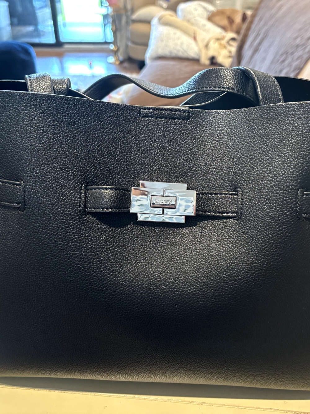 Donna Karan Black Leather Tote with Silver Hardware